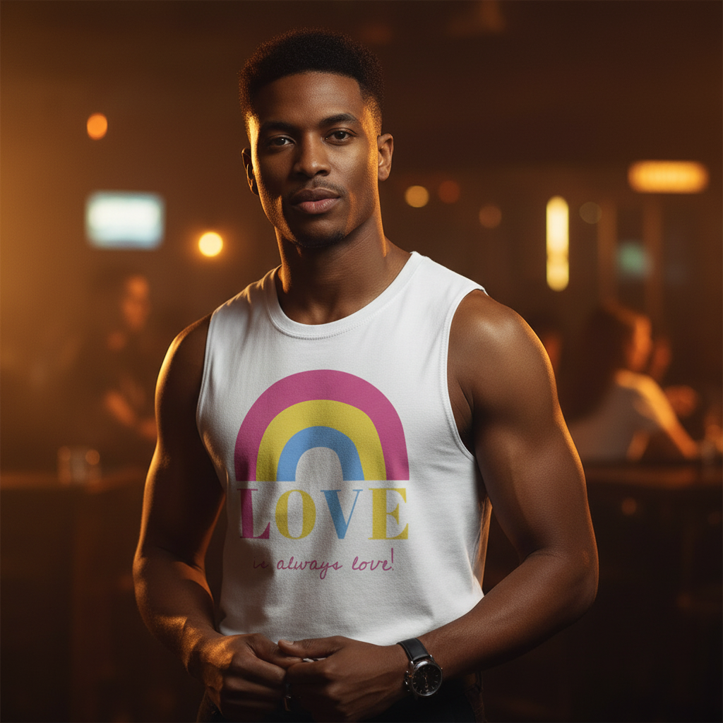 Young man in a bar wearing the Love Is Always Love! Muscle Tank, a white sleeveless shirt with a stylized rainbow and empowering slogan, embodying queer pride and self-expression.