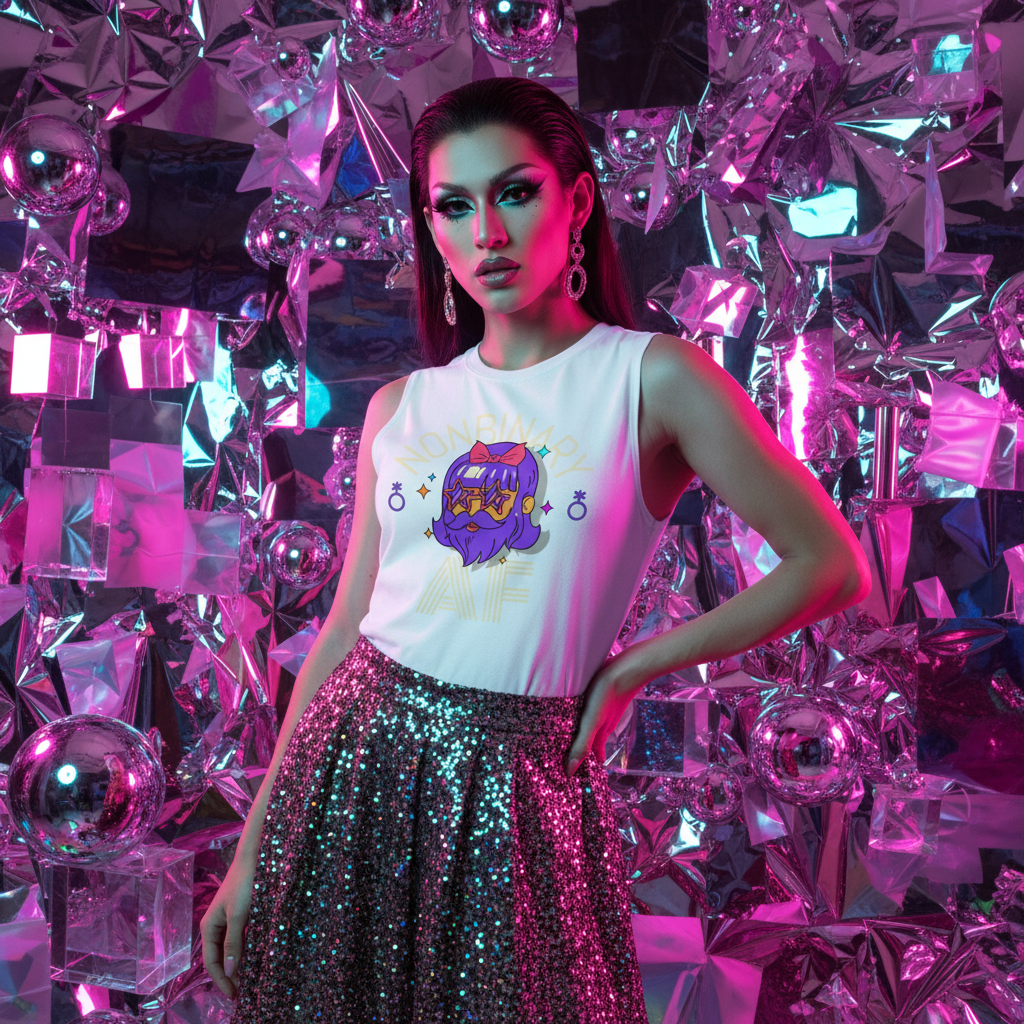Nonbinary AF muscle top and sequined skirt styled boldly, with fierce makeup, long hair, disco balls, and pink-purple lighting.