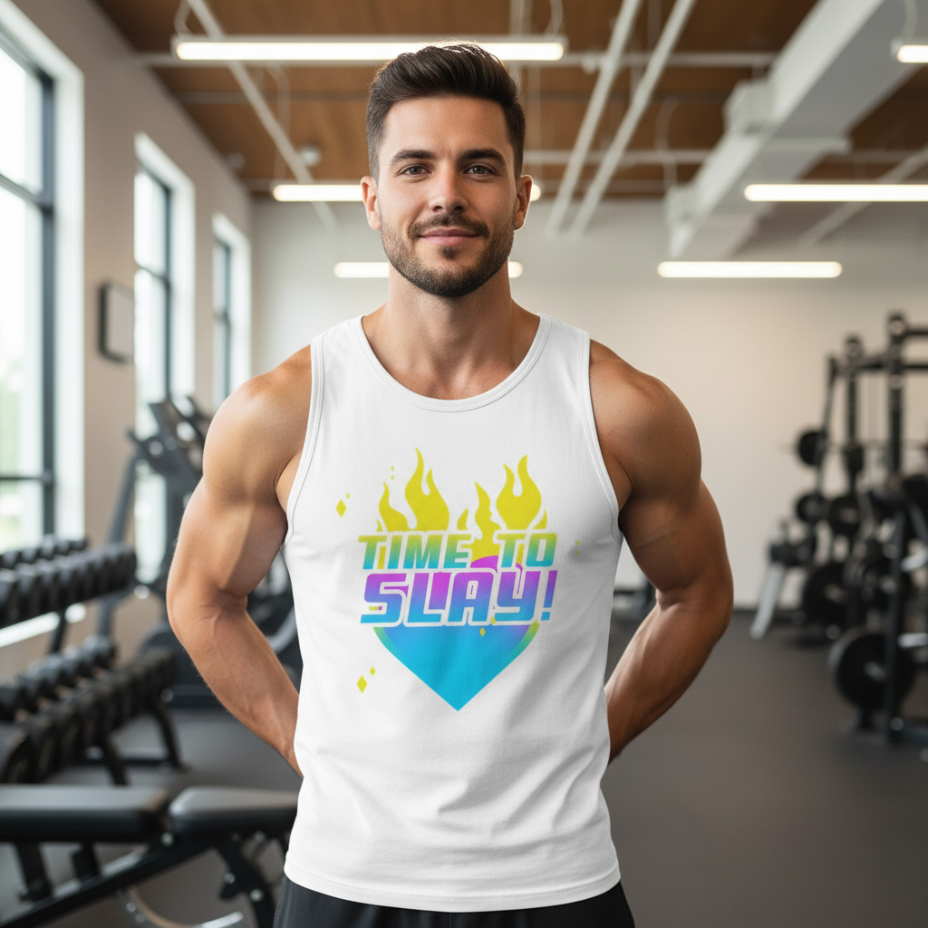 Young man in gym wearing Time To Slay! Muscle Tank with colorful flame graphic and slogan. Showcases bold, inclusive design from Queer In The World, celebrating LGBTQIA+ pride and self-expression.