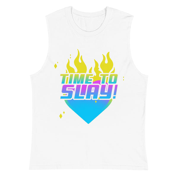 White sleeveless pride muscle top with a pink, purple, and blue gradient heart, yellow flames, and “Time to Slay!” in rainbow letters.