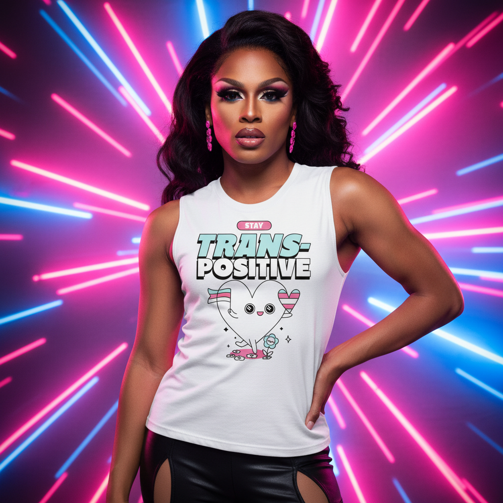 Stay Trans-Positive Muscle Top on a confident, femme-presenting person with bold makeup, set against vibrant pink and blue neon pride lights.
