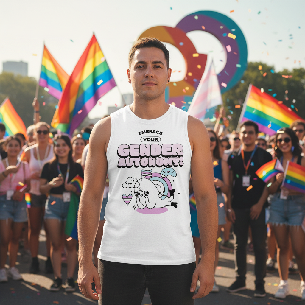 Person at Pride rally wearing Embrace Your Gender Autonomy! Muscle Tank, featuring a cartoon holding a trans-flag. Surrounded by rainbow flags and confetti, embodying queer empowerment and visibility.