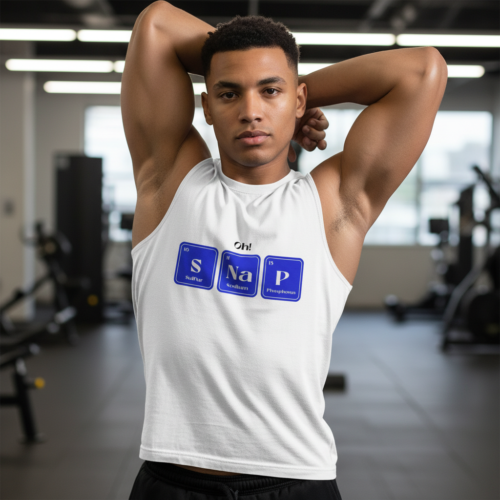 Young man in gym wearing Oh! SNaP Muscle Top, featuring playful chemistry pun. The white sleeveless shirt emphasizes queer pride and self-expression, blending empowerment with stylish, inclusive fashion.