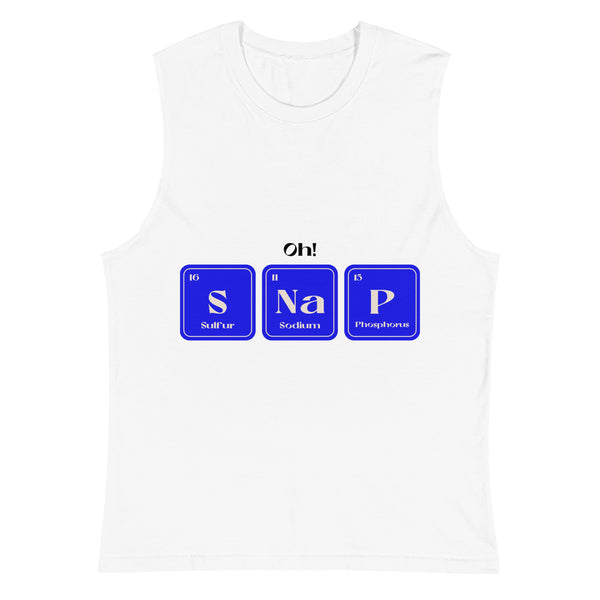 White muscle tank top featuring “Oh!” above blue elemental blocks spelling “S Na P”; bold, chem-nerd queer pride statement piece.