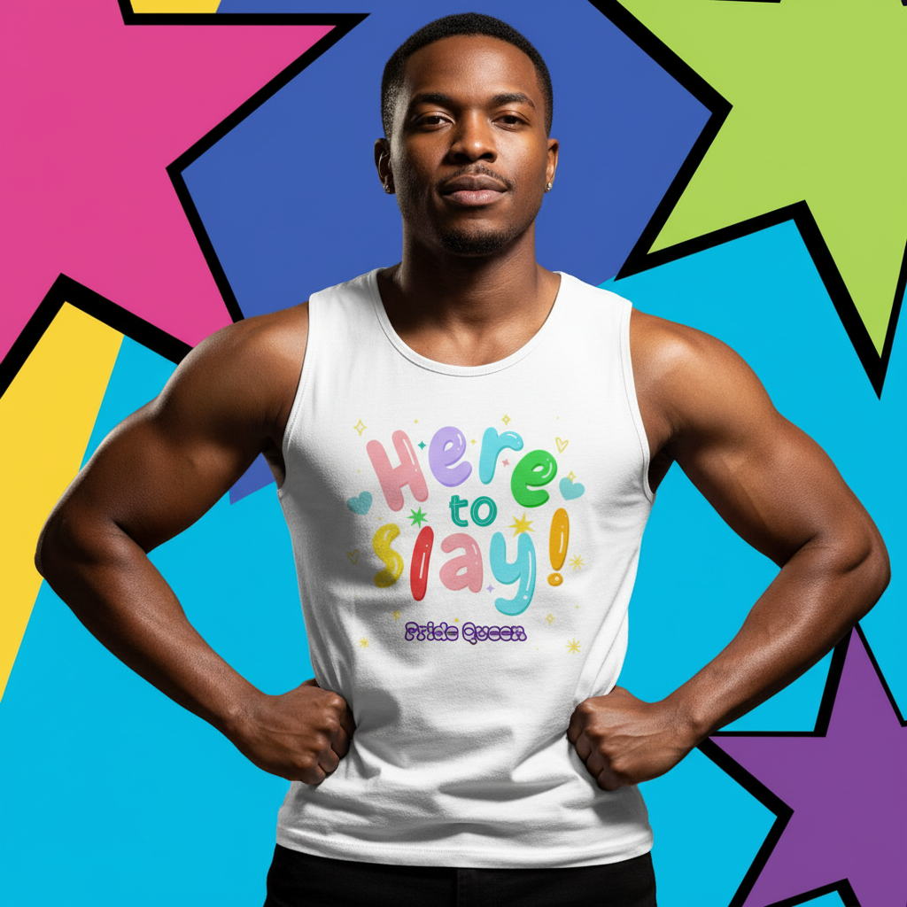 Muscular young man in a Here To Slay! Pride Queen Muscle Tank, confidently posed, celebrating queer pride and self-expression with vibrant, multicolored lettering. The tank embodies empowerment and visibility through bold, inclusive design.