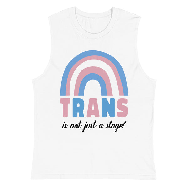Sleeveless white muscle top with pastel blue, pink, and white rainbow. Bold 