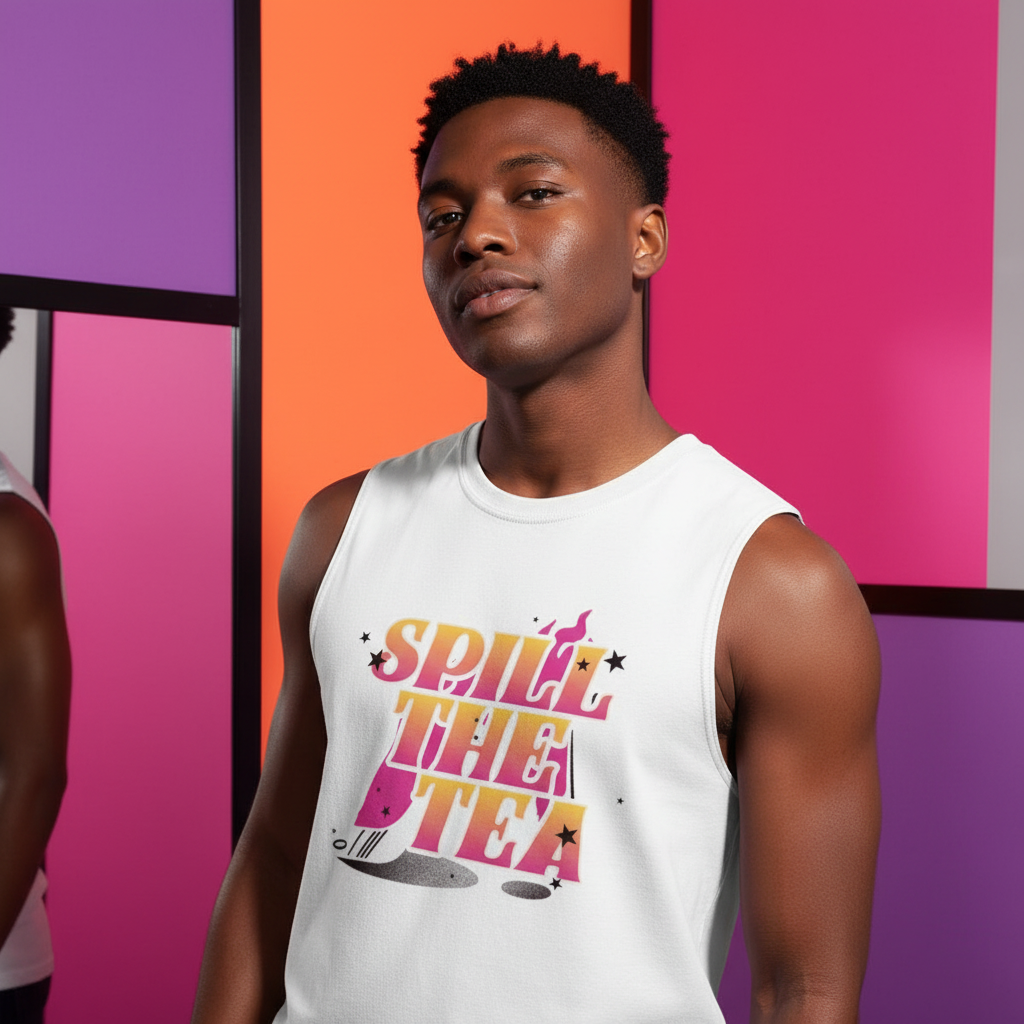 Young man confidently wearing the Spill The Tea Muscle Tank, featuring bold SPILL THE TEA graphic. Celebrating queer pride and self-expression with sleeveless design, embodying empowerment and unapologetic visibility.
