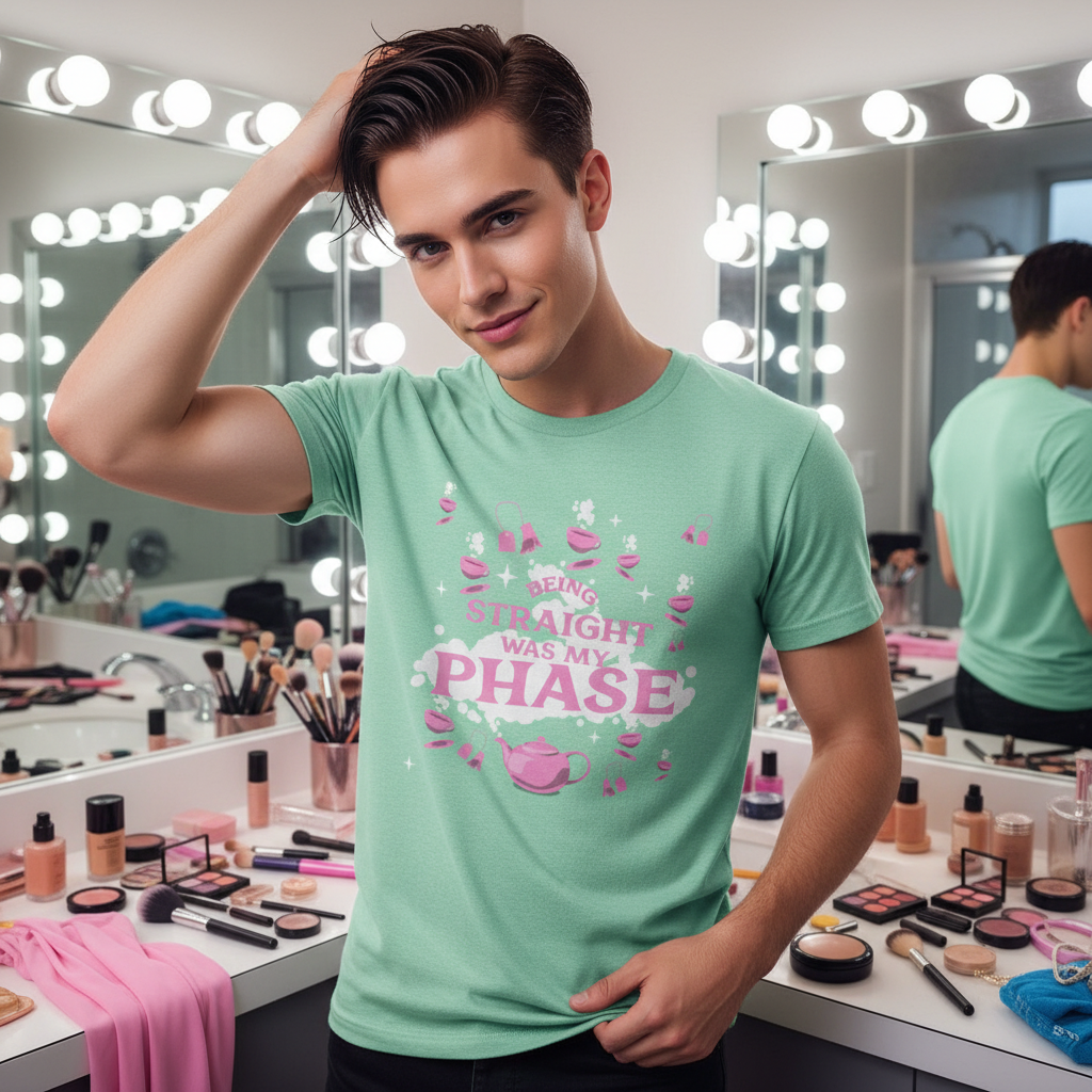 Mint green T-shirt with “Being Straight Was My Phase” makeup-themed graphic, worn by a model