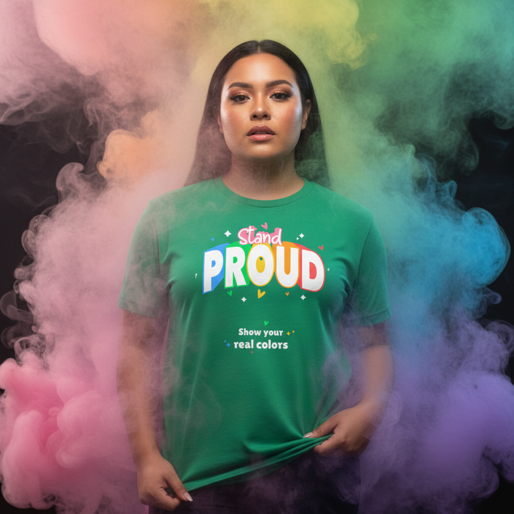 Green T-shirt reading “Stand Proud” and “Show your real colors,” worn amid rainbow-colored smoke