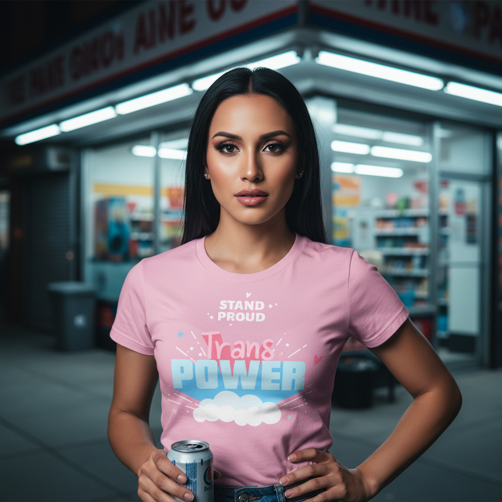Pink trans pride T-shirt reading “Stand Proud Trans Power,” worn by a model in a shop