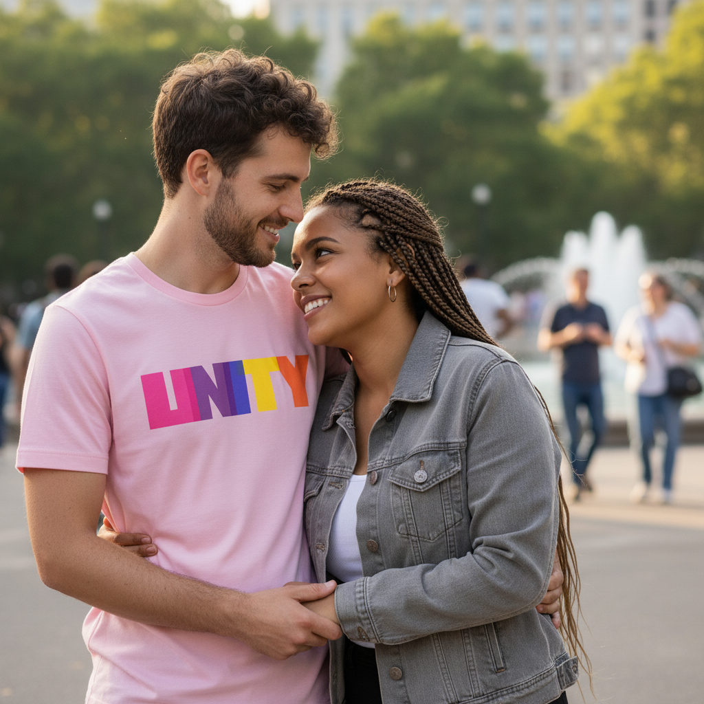 Unity T-Shirt in pink worn by a smiling man hugging his partner in gray jacket, both queer-presenting in a sunny park scene.