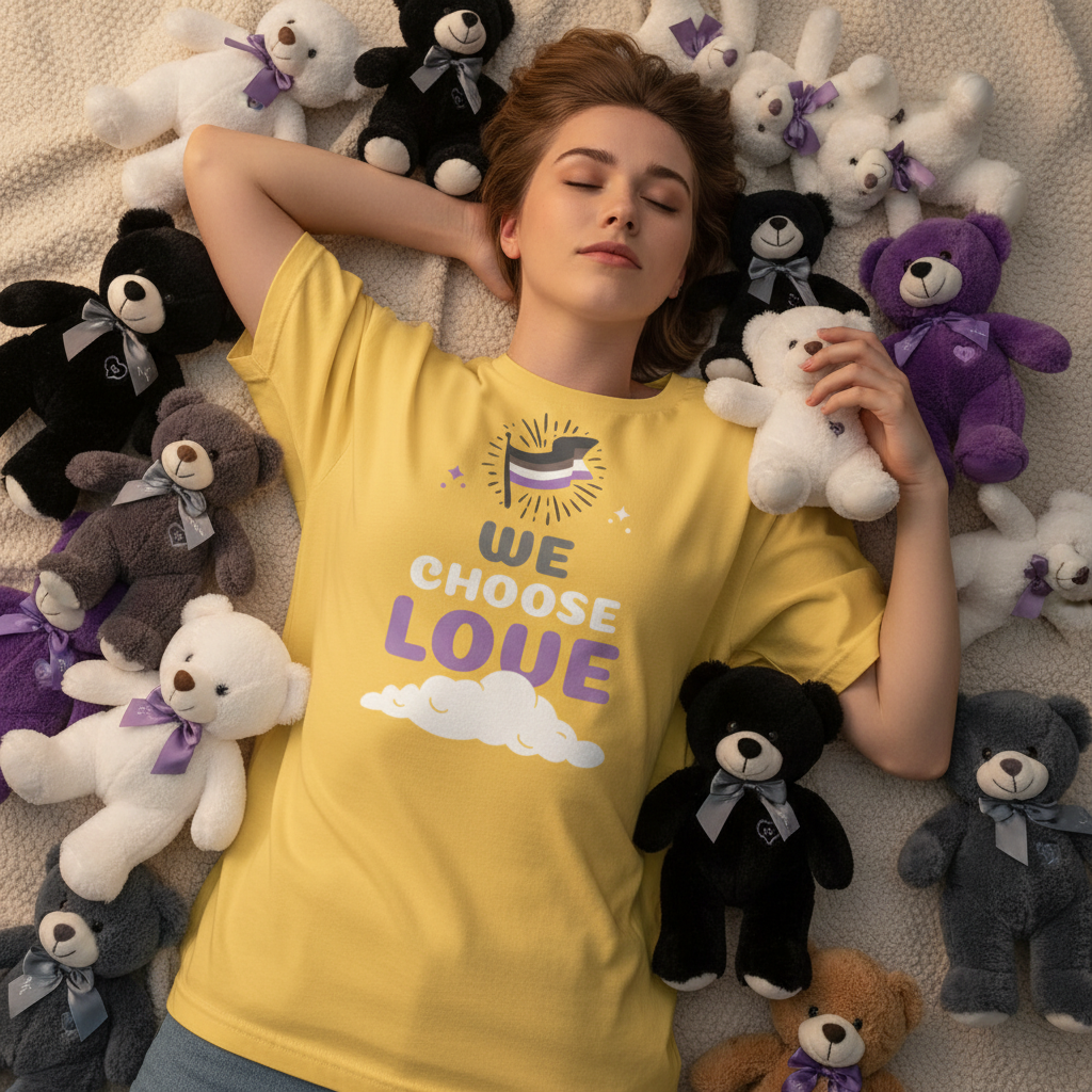 Person wearing a yellow asexual pride T-shirt reading “WE CHOOSE LOVE” among teddy bears