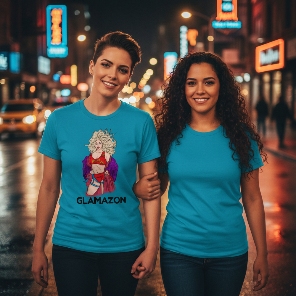 Unisex Glamazon pride T-shirts, featuring a cartoon femme and bold “GLAMAZON” text aglow in neon, worn by two women at night.
