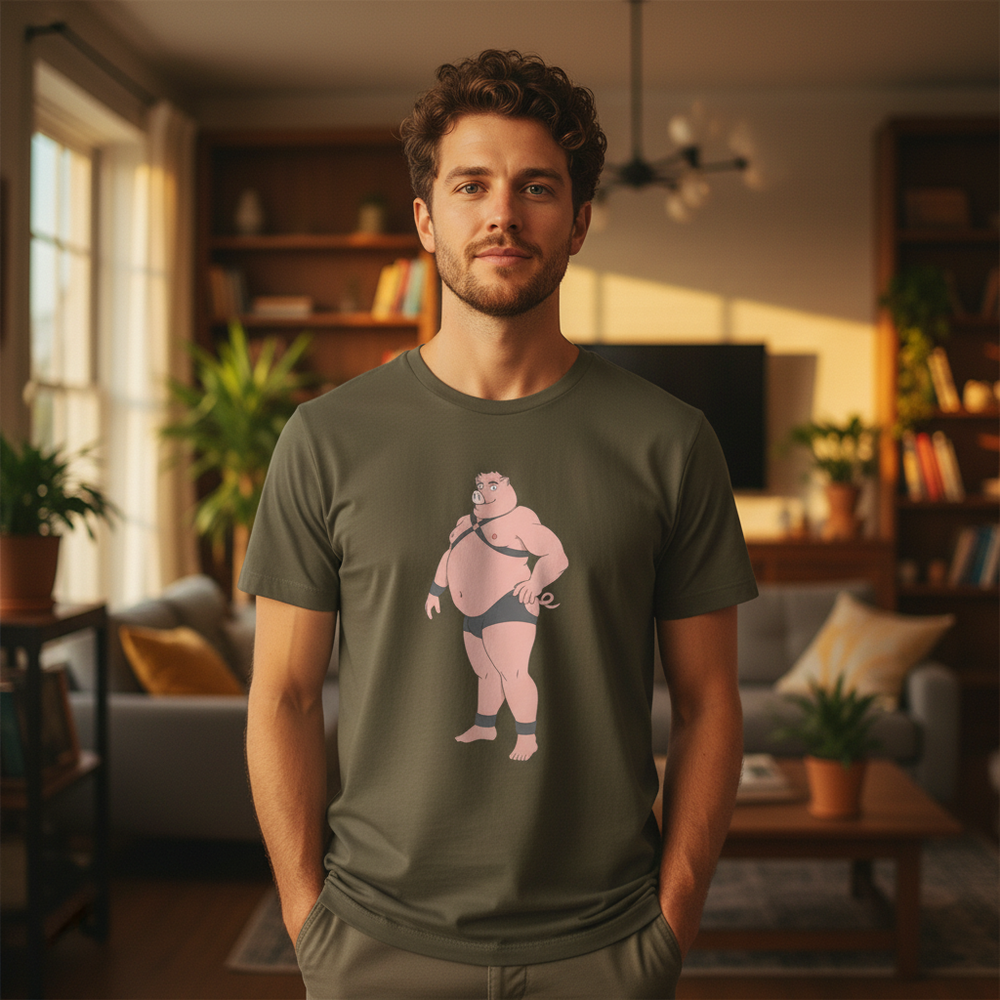 Gay Pig T-Shirt worn by a queer man with short curls and trimmed beard, posing in a sunlit living room with books and plants.