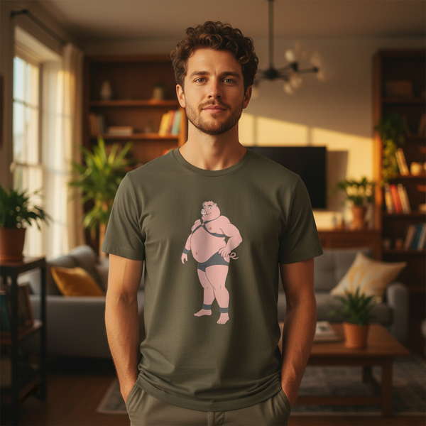 Gay Pig T-Shirt worn by a queer man with short curls and trimmed beard, posing in a sunlit living room with books and plants.