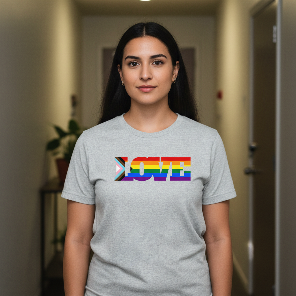 Progress Pride LOVE T-shirt with bold rainbow letters, worn by a woman with long dark hair; hallway and plant in background.
