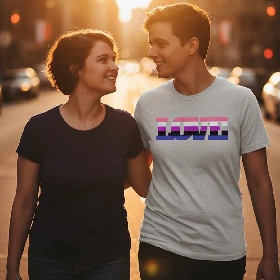 Genderfluid Love T-Shirt with “LOVE” in bisexual flag colors; worn by queer folks arm-in-arm, smiling on a sunny city street.