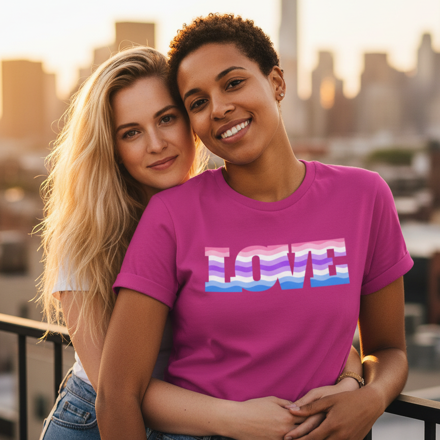 Alternative Genderfluid Love T-shirt with bold "LOVE" text, worn by a woman hugged by her friend at sunset against a city skyline.