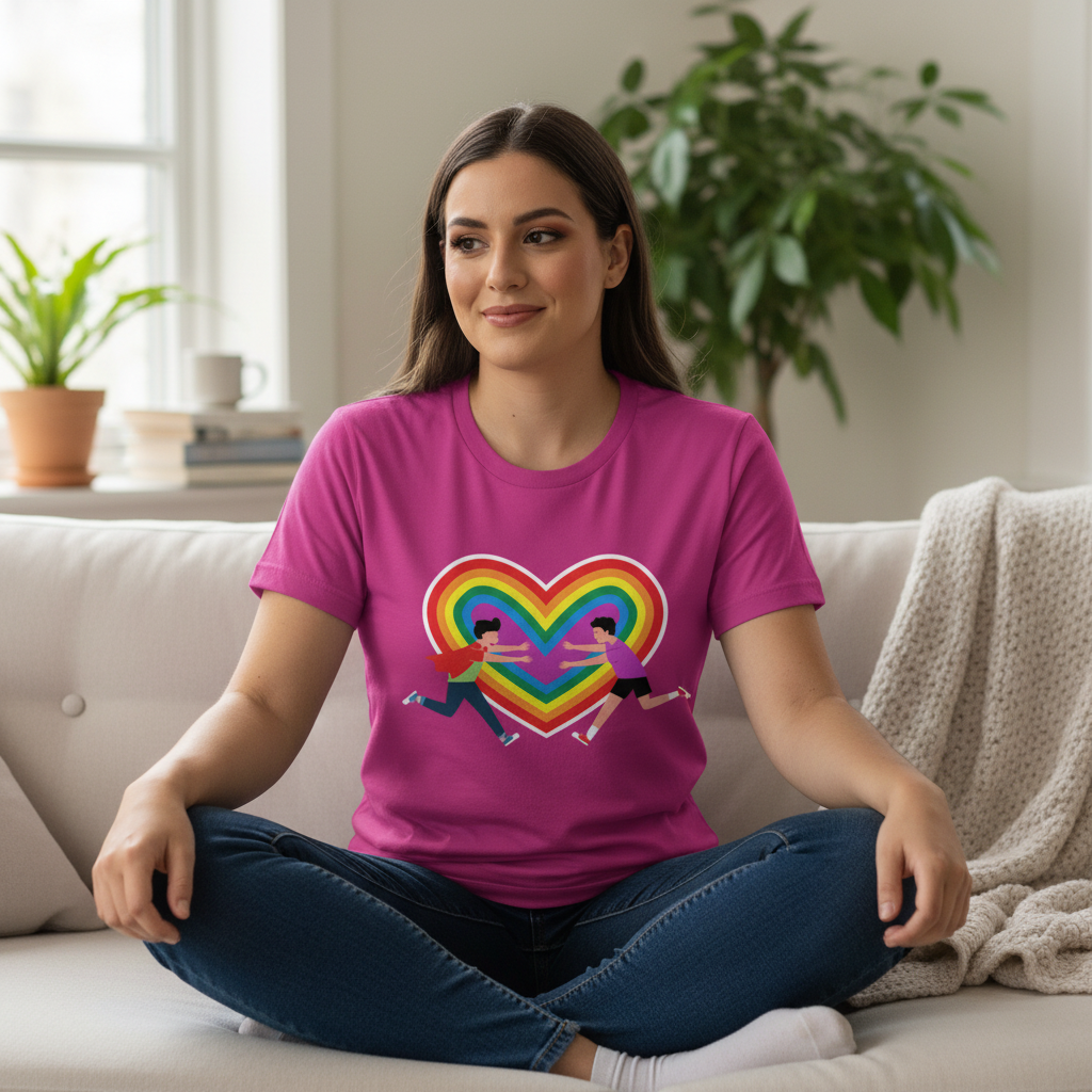 Gay Couple T-Shirt in bold pink with a rainbow heart and two figures, worn by a queer woman on a sofa; cozy plant-filled setting.