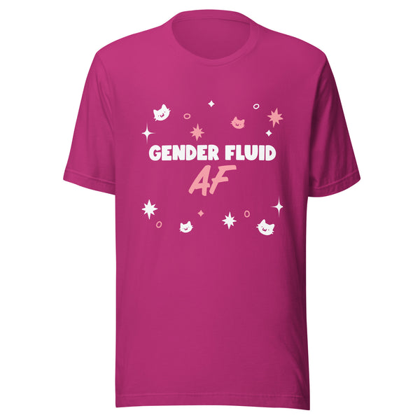 Front view of a fuchsia T-shirt reading “GENDER FLUID AF,” with cat and star doodles