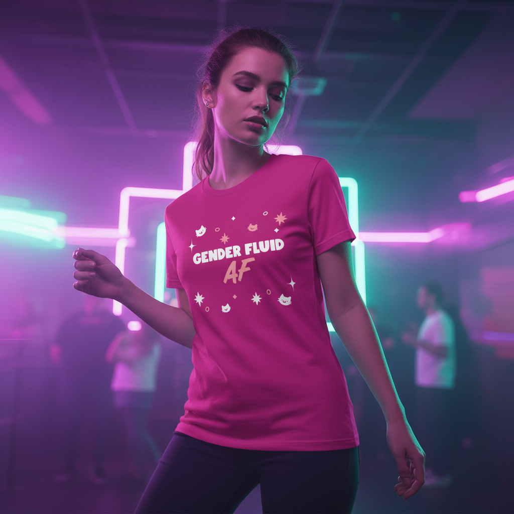 Gender Fluid AF T-shirt with stars and moons rocks a neon-lit queer club, purple and blue lights glowing, LGBTQ+ crowd vibing.