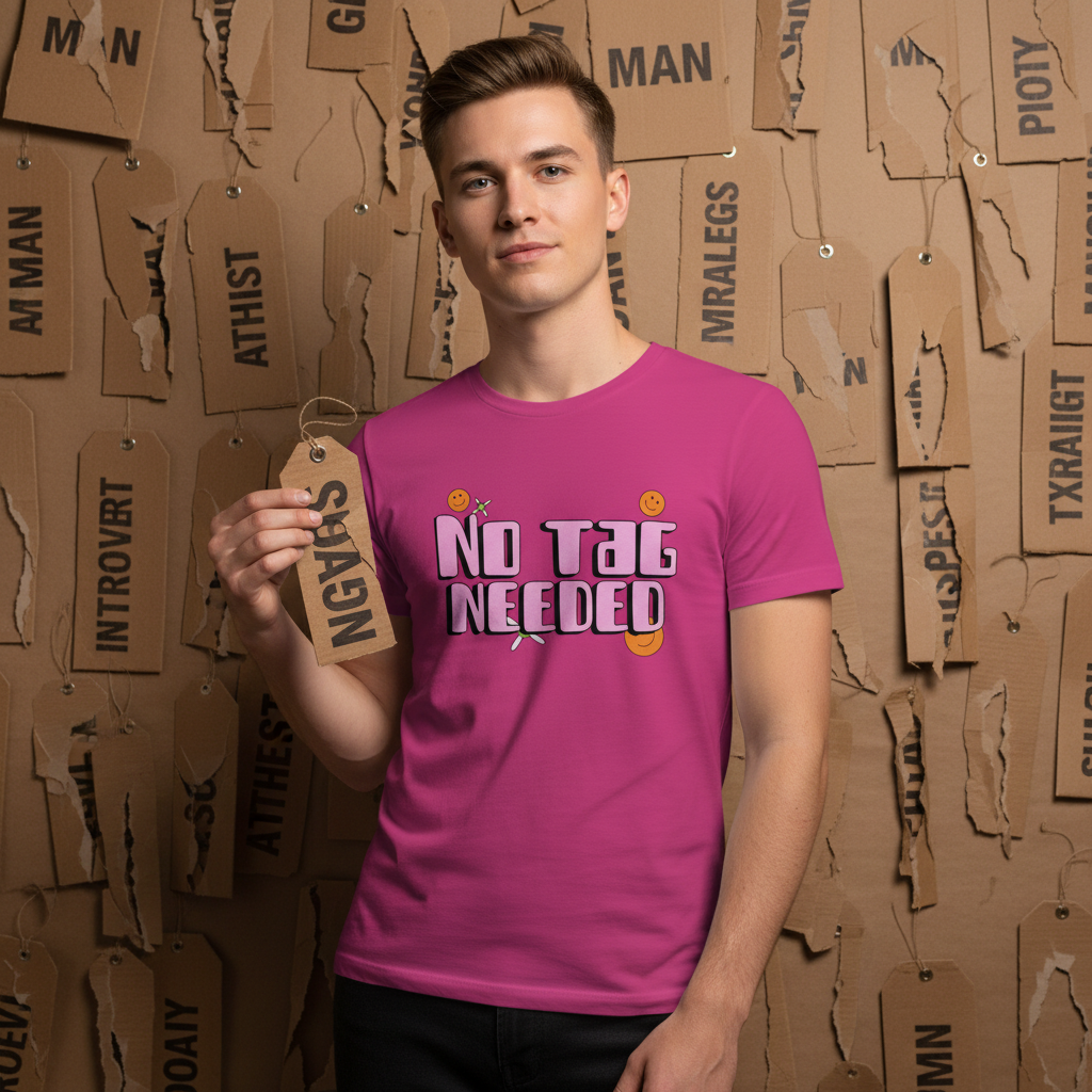 Young man in a bright pink No Tag Needed T-Shirt stands against a backdrop of shredded cardboard tags, symbolically rejecting labels, embodying queer pride and self-expression.