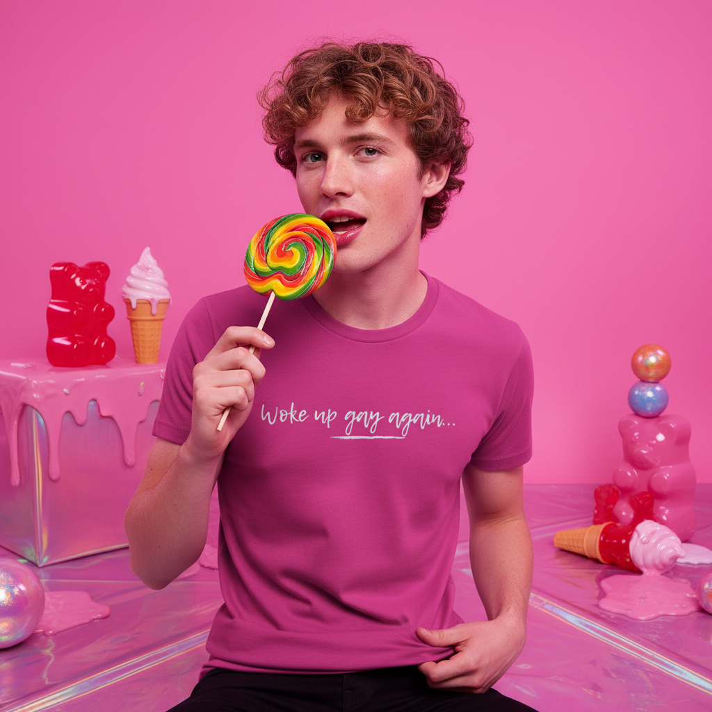 Young person with curly hair playfully poses with a rainbow swirl lollipop, wearing the Woke Up Gay Again T-Shirt, embodying bold, joyful queer energy against a candy-themed backdrop.