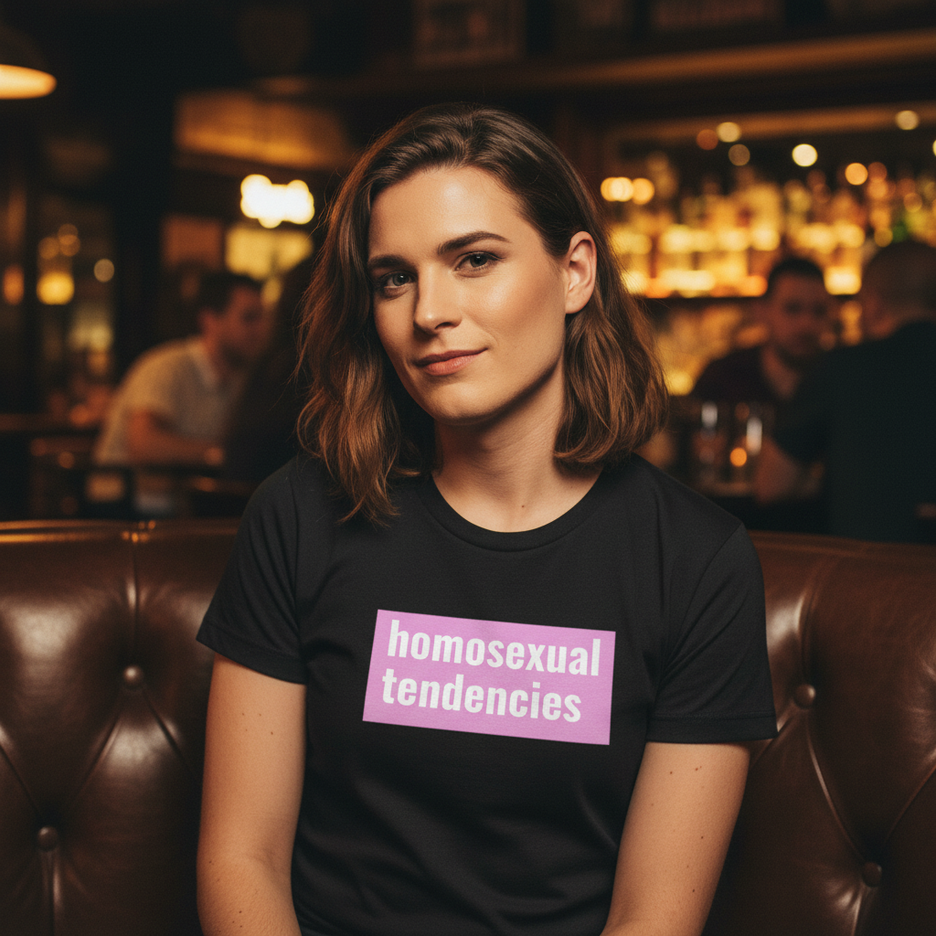 Black unisex “homosexual tendencies” tee with bold white text on a pink block, rocked by a queer person in a cozy bar.