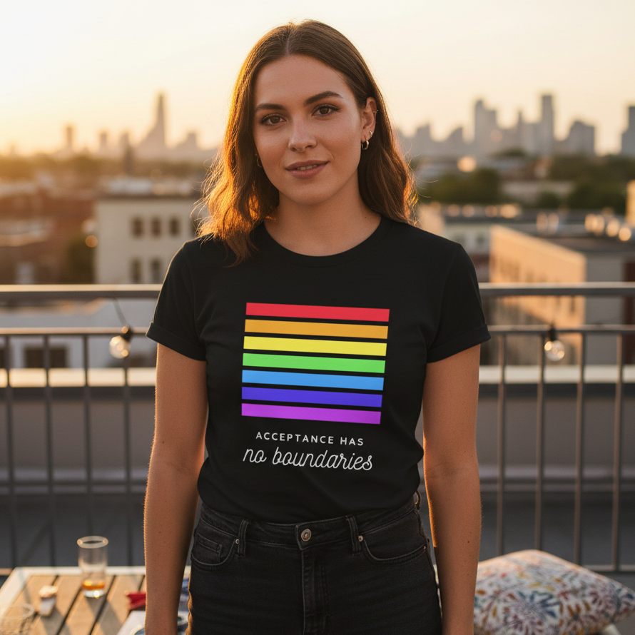 Cotton LGBT “Acceptance Has No Boundaries” tee with rainbow stripes, bold font; rooftop sunset, city skyline, snacks nearby.