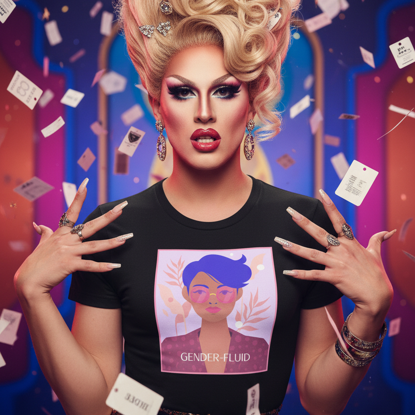 Drag performer wearing a Gender-Fluid T-Shirt with bold makeup, blonde updo, and sparkling accessories, set against a surreal background, embodying pride and self-expression through stylish queer fashion.
