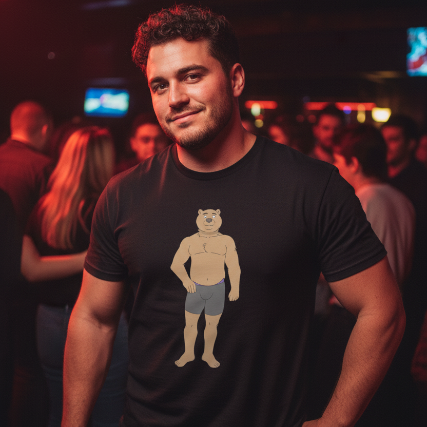 Person wearing a black T-shirt with a cartoon bear-person in gray shorts at a dimly lit bar