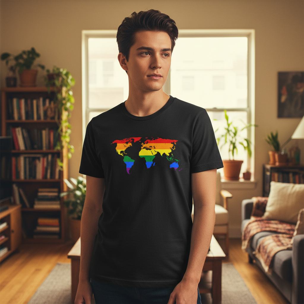 Gay Map T-Shirt on a young queer person in a comfy, sunlit living room with houseplants, shelves, and rainbow pride energy.