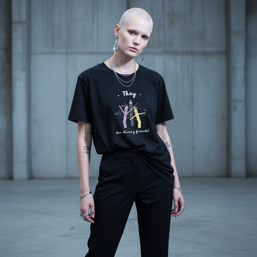 Model in a black T-shirt reading “They” and “Non-binary friends!” with colorful figures
