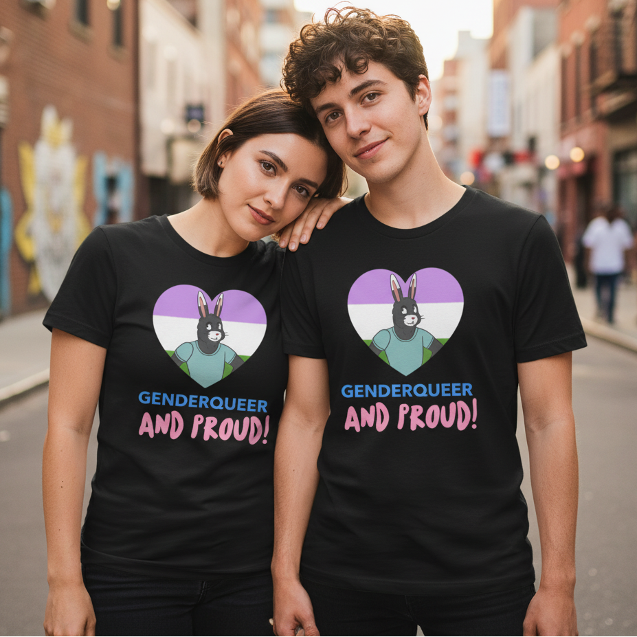 Genderqueer And Proud T-Shirt with a cartoon donkey on the genderqueer flag in a heart, "GENDERQUEER AND PROUD!" below.