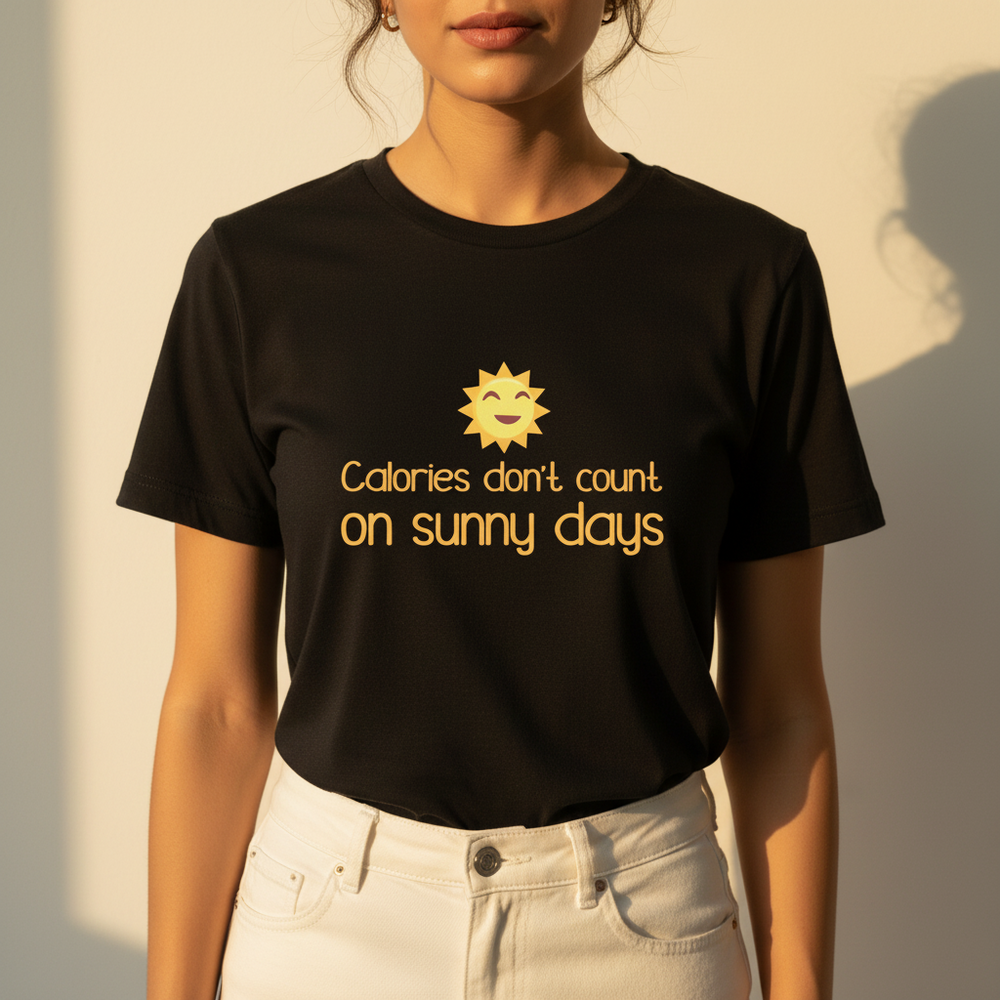Model wearing a black T-shirt reading “Calories don’t count on sunny days” with a sun graphic