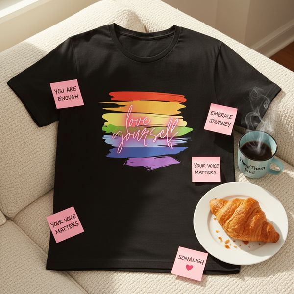 Love Yourself! Unisex T-Shirt features a vibrant rainbow brush-stroke and love yourself script on soft black cotton, surrounded by affirming pink notes, embodying queer pride and self-expression.