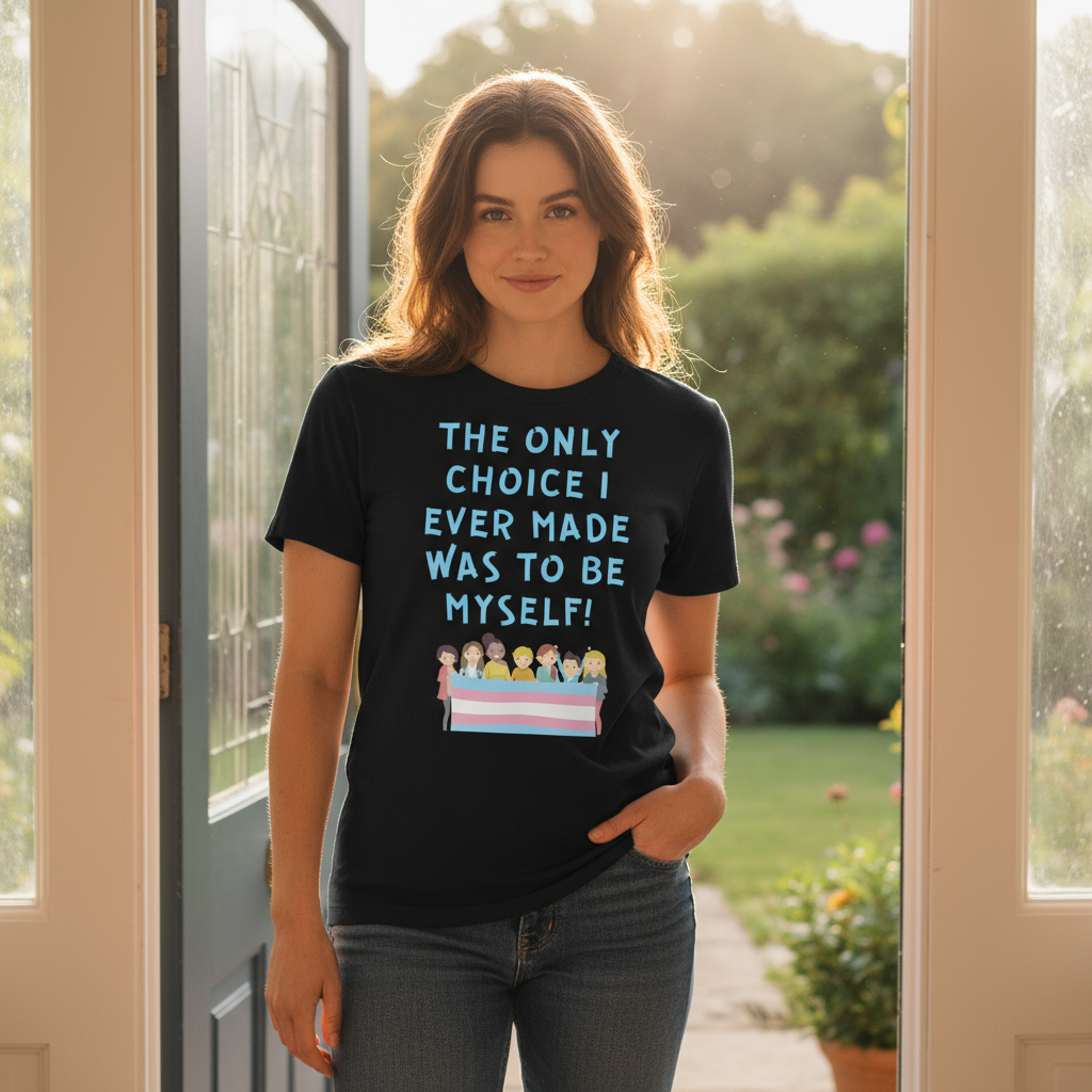 Person wearing a black T-shirt reading “The only choice I ever made was to be myself!”