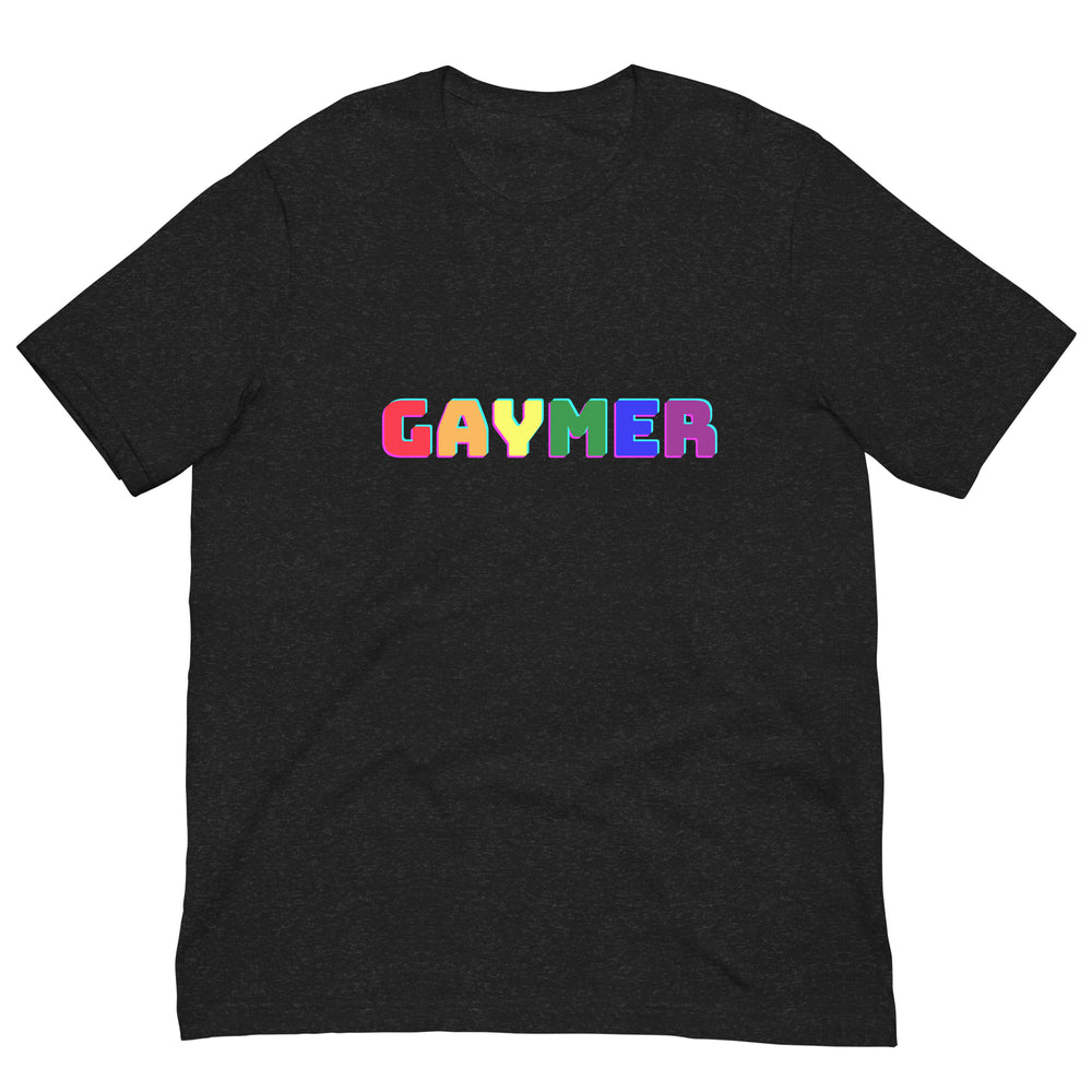 Front-facing black T-shirt laid flat with “GAYMER” in multicolored block letters