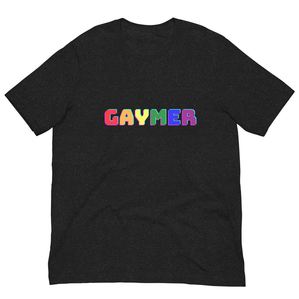 Black GaymerT-Shirt with “GAYMER” in rainbow letters, celebrating LGBTQ+ pride, self-expression, and empowerment. Crafted for comfort and visibility, perfect for showcasing queer pride and identity.
