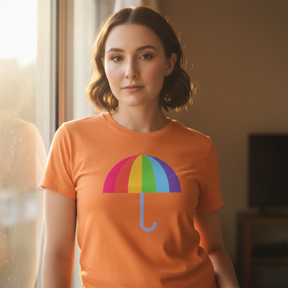 Gay Umbrella T-Shirt with a rainbow umbrella graphic worn by a woman, short brown hair, in a softly lit queer-friendly room.
