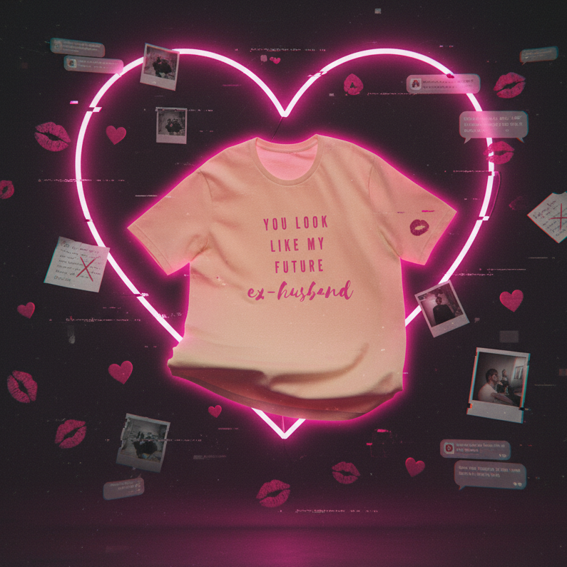 Pink T-shirt reading “YOU LOOK LIKE MY FUTURE ex-husband,” shown flat against a heart graphic