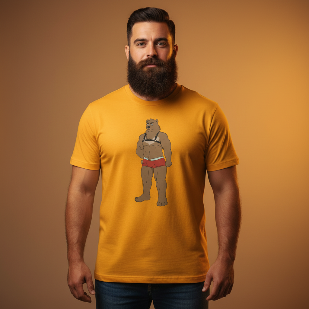 Gay Bear T-Shirt, soft yellow cotton, features a cartoon bear in red shorts and black harness; bearded model poses neutrally.