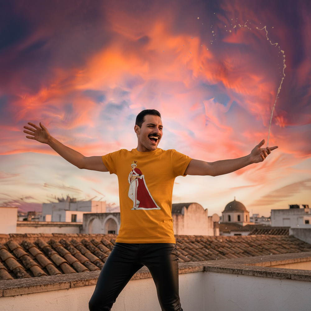 Person wearing an orange T-shirt with a Freddie Mercury stage illustration on a rooftop at sunset