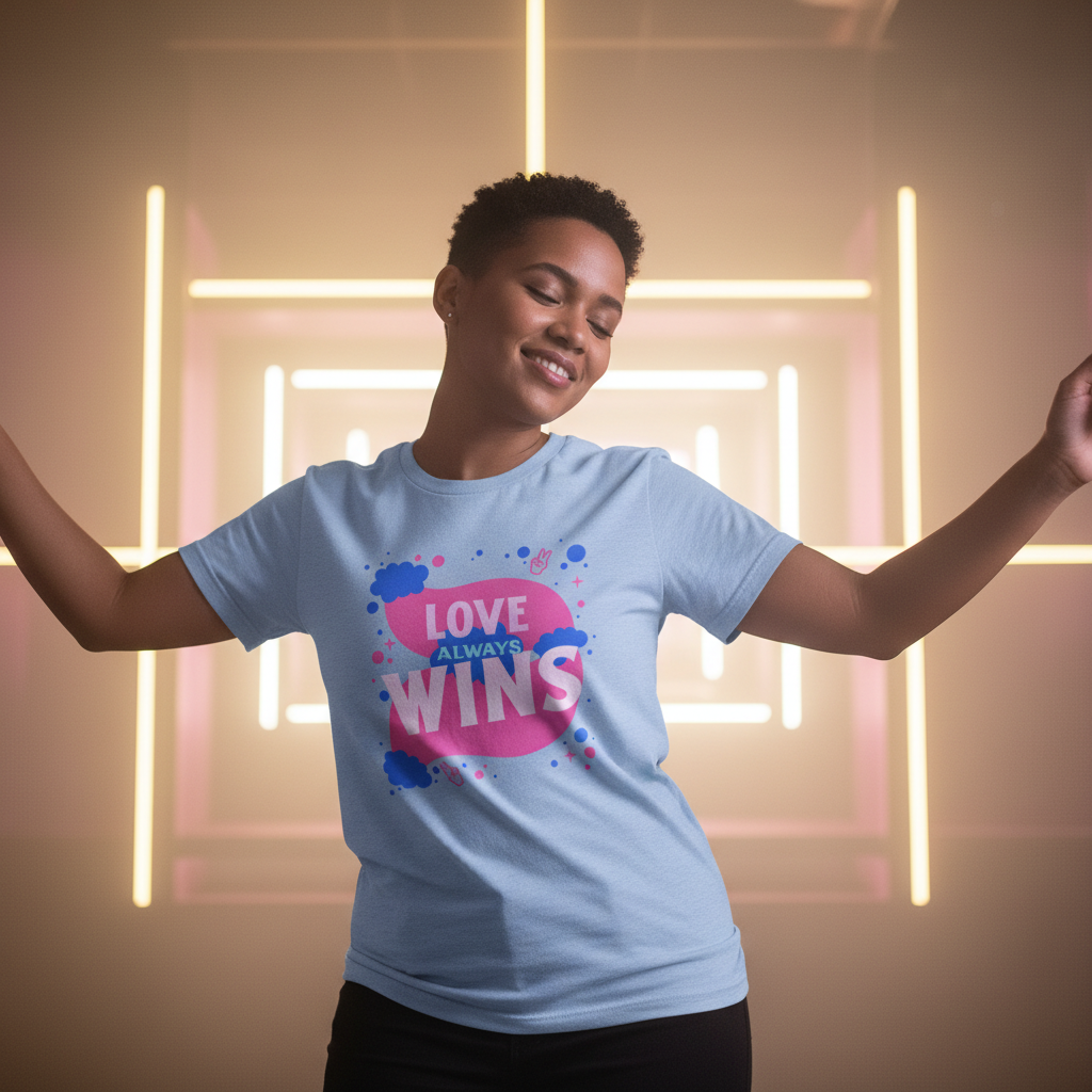Love Always Wins T-Shirt in light blue with rainbow splashes and “LOVE ALWAYS WINS” slogan; queer person dancing, neon lights glow.