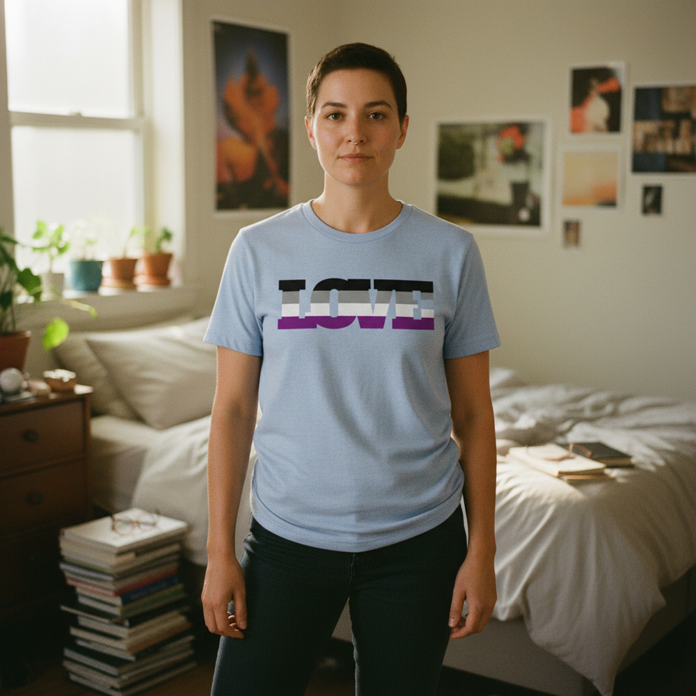 Asexual Love T-Shirt, light blue cotton with "LOVE" in ace flag colors, worn by short-haired person in a queer cozy bedroom.