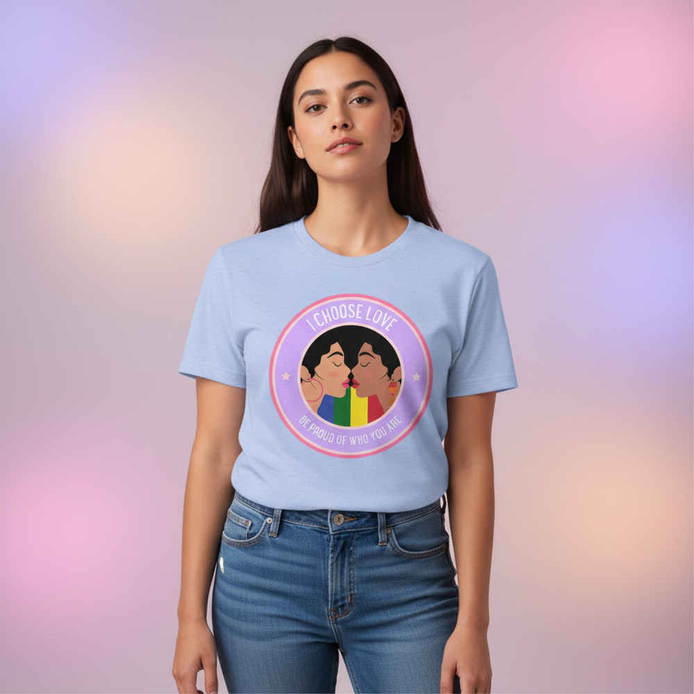 Model wearing a light blue T-shirt with two people kissing and “I CHOOSE LOVE” text