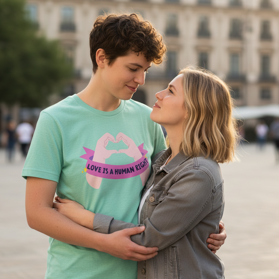 Unisex cotton "Love Is A Human Right" tee with a hand-heart and bold text, worn by a queer couple embracing in sunlight.