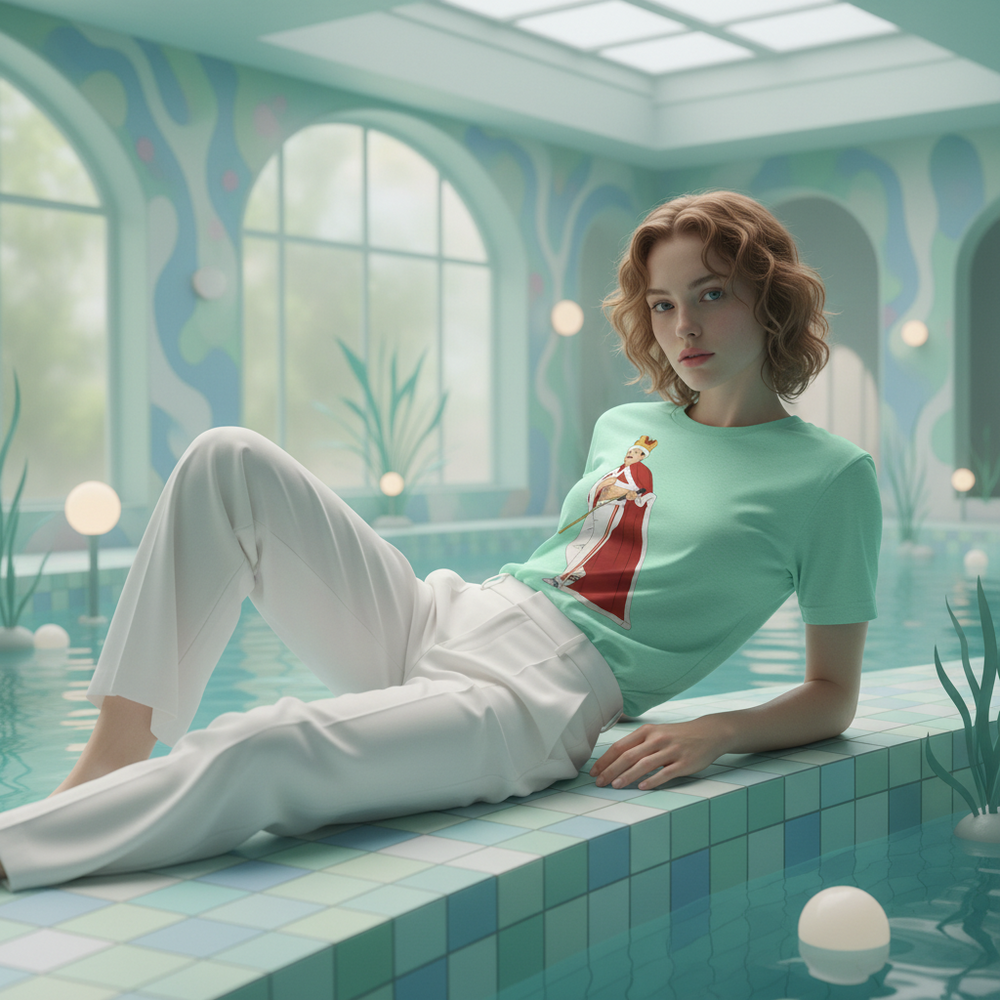 Model wearing a mint green T-shirt with a seated crowned figure graphic by a pool