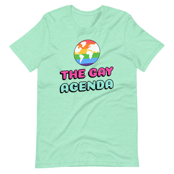 Mint-green The Gay Agenda T-Shirt featuring a rainbow-striped world-map icon and bold “THE GAY AGENDA” text. Celebrate pride, empowerment, and self-expression with this soft, fitted statement piece.
