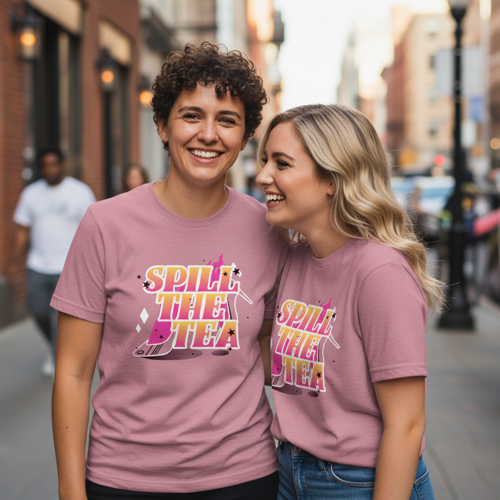 Matching “Spill The Tea” T-shirts worn by two smiling queer women hugging on a city street, repping playful LGBTQ+ style.